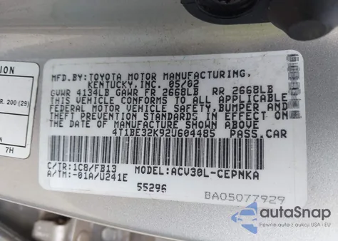 2002 Toyota Camry Le из США, поврежденный, VIN 4T1BE32K92U604485